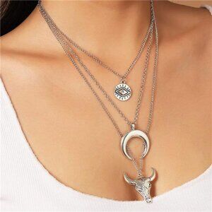 Western Layered Necklace – Evil Eye, Bull Head & Moon Pendant, Adjustable